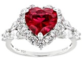 Pre-Owned Lab Created Ruby And White Cubic Zirconia Rhodium Over Sterling Silver Heart Ring 5.72ctw