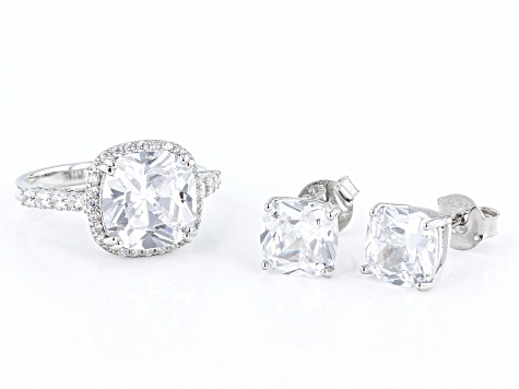 Pre-Owned White Cubic Zirconia Rhodium Over Sterling Silver Ring And Earrings Set 13.14ctw