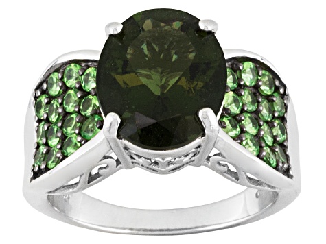 Pre-Owned Green Moldavite Rhodium Over Sterling Silver Ring 3.80ctw