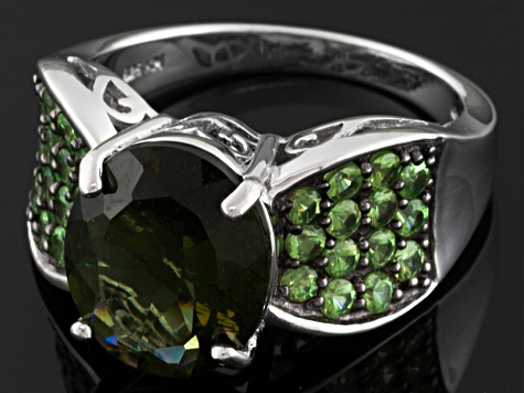 Pre-Owned Green Moldavite Rhodium Over Sterling Silver Ring 3.80ctw
