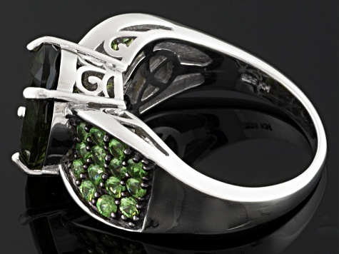 Pre-Owned Green Moldavite Rhodium Over Sterling Silver Ring 3.80ctw