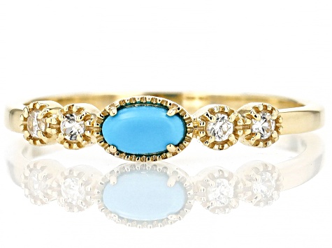 Pre-Owned Blue Sleeping Beauty Turquoise With White Zircon 10k Yellow Gold Ring 0.12ctw