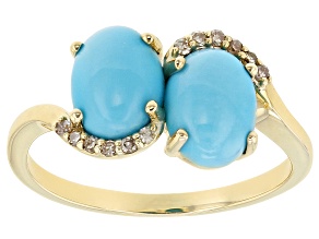 Pre-Owned Blue Sleeping Beauty Turquoise With Champagne Diamonds 10k Yellow Gold Ring 0.06ctw