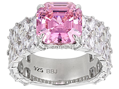 Pre-Owned Pink And White Cubic Zirconia Rhodium Over Sterling Silver Asscher Cut Ring 19.48ctw