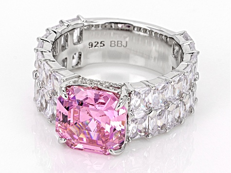 Pre-Owned Pink And White Cubic Zirconia Rhodium Over Sterling Silver Asscher Cut Ring 19.48ctw