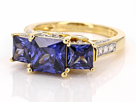 Pre-Owned Blue And White Cubic Zirconia 18k Yellow Gold Over Sterling Silver Ring 6.31ctw