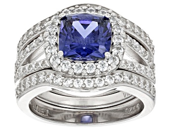 Picture of Pre-Owned Blue And White Cubic Zirconia Platinum Over Silver Holiday Ring Boxed Set 4.55ctw