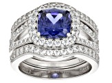 Pre-Owned Blue And White Cubic Zirconia Platinum Over Silver Holiday Ring Boxed Set 4.55ctw