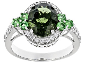 Pre-Owned Green Moldavite Rhodium Over Sterling Silver Ring 2.68ctw