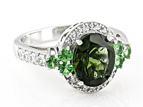 Pre-Owned Green Moldavite Rhodium Over Sterling Silver Ring 2.68ctw