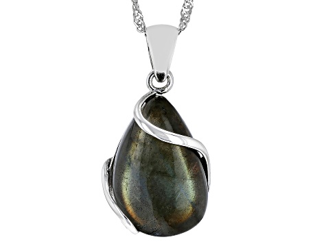 Pre-Owned Gray Labradorite Sterling Silver Solitaire Pendant With Chain