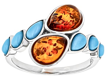 Picture of Pre-Owned Orange Amber Rhodium Over Sterling Silver Bypass Ring