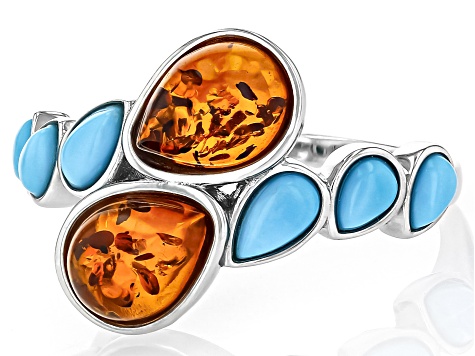 Pre-Owned Orange Amber Rhodium Over Sterling Silver Bypass Ring