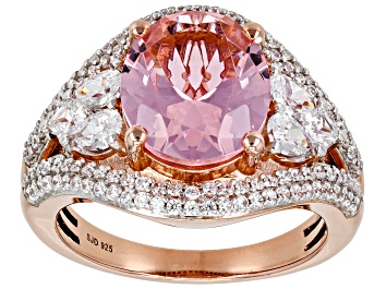 Picture of Pre-Owned Morganite Simulant And White Cubic Zirconia 18k Rose Gold Over Sterling Silver Ring 6.17ct