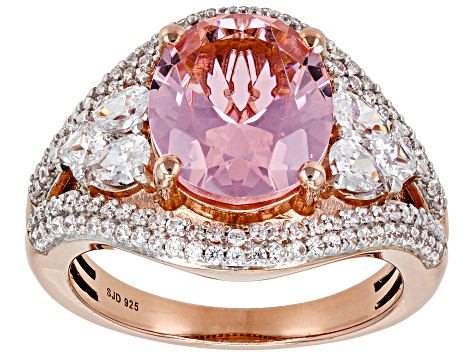 Pre-Owned Morganite Simulant And White Cubic Zirconia 18k Rose Gold Over Sterling Silver Ring 6.17ct