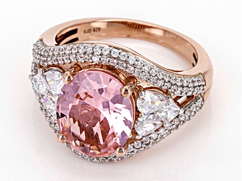 Pre-Owned Morganite Simulant And White Cubic Zirconia 18k Rose Gold Over Sterling Silver Ring 6.17ct