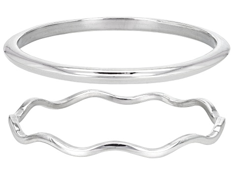 Pre-Owned Sterling Silver Wavy & Polished Bangle Set