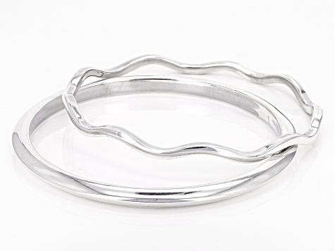 Pre-Owned Sterling Silver Wavy & Polished Bangle Set