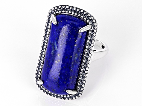 Pre-Owned Blue Lapis Lazuli Rhodium Over Sterling Silver Solitaire Ring