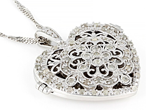 Pre-Owned White Diamond Rhodium Over Sterling Silver Heart Locket Pendant With 18" Singapore Chain 0