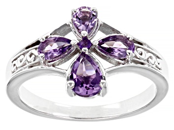 Picture of Pre-Owned Purple Amethyst Rhodium Over Sterling Silver Cross Ring 0.66ctw