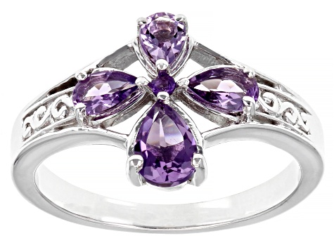 Pre-Owned Purple Amethyst Rhodium Over Sterling Silver Cross Ring 0.66ctw