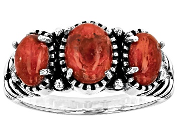 Picture of Pre-Owned Oval Red Coral Three-Stone Oxidized Sterling Silver Ring