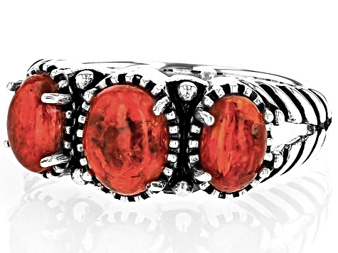 Pre-Owned Oval Red Coral Three-Stone Oxidized Sterling Silver Ring