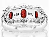 Pre-Owned Oval Red Coral Three-Stone Oxidized Sterling Silver Ring