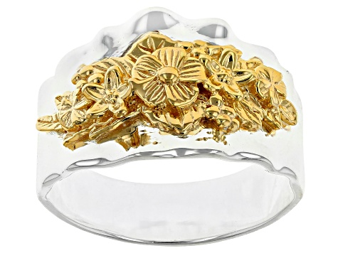 Pre-Owned Sterling Silver & 14K Yellow Gold Over Sterling Silver Flower Band Ring