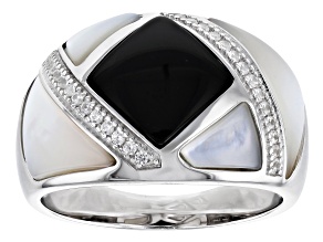 Pre-Owned White South Sea Mother-of-Pearl, Black Agate, and White Zircon Rhodium Over Sterling Silve