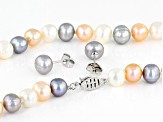 Pre-Owned Multi-Color Cultured Freshwater Pearl Rhodium Over Silver 18 Inch Necklace and Stud Earrin