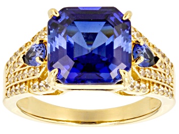 Picture of Pre-Owned Lab Blue Sapphire 18k Yellow Gold Over Sterling Silver Ring 5.43ctw