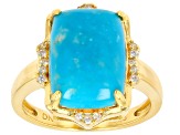 Pre-Owned Blue Kingman Turquoise With White Zircon 18k Yellow Gold Over Sterling Silver Ring 0.11ctw