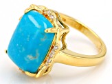 Pre-Owned Blue Kingman Turquoise With White Zircon 18k Yellow Gold Over Sterling Silver Ring 0.11ctw