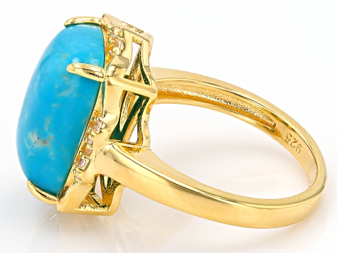 Pre-Owned Blue Kingman Turquoise With White Zircon 18k Yellow Gold Over Sterling Silver Ring 0.11ctw