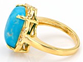 Pre-Owned Blue Kingman Turquoise With White Zircon 18k Yellow Gold Over Sterling Silver Ring 0.11ctw