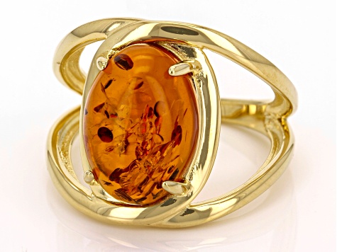 Pre-Owned Amber 18k Yellow Gold Over Sterling Silver Ring