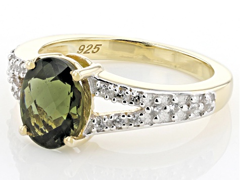 Pre-Owned Moldavite With White Zircon 18k Yellow Gold Over Sterling Silver Ring 1.62ctw