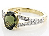 Pre-Owned Moldavite With White Zircon 18k Yellow Gold Over Sterling Silver Ring 1.62ctw
