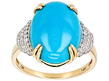 Picture of Pre-Owned Blue Sleeping Beauty Turquoise With White Diamond 14k Yellow Gold Ring 0.20ctw