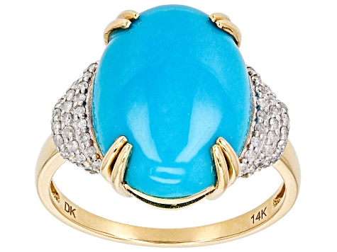 Pre-Owned Blue Sleeping Beauty Turquoise With White Diamond 14k Yellow Gold Ring 0.20ctw