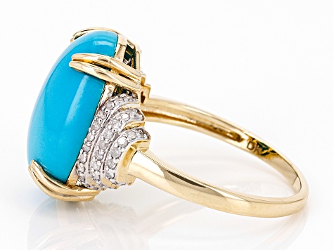 Pre-Owned Blue Sleeping Beauty Turquoise With White Diamond 14k Yellow Gold Ring 0.20ctw
