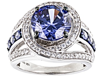 Picture of Pre-Owned Blue And White Cubic Zirconia Rhodium Over Sterling Silver Ring 7.45ctw