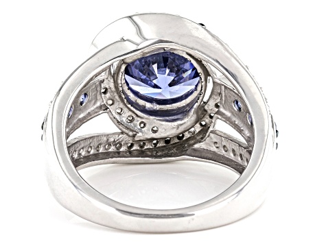 Pre-Owned Blue And White Cubic Zirconia Rhodium Over Sterling Silver Ring 7.45ctw