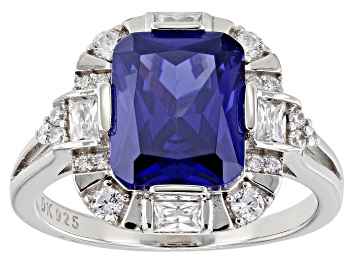 Picture of Pre-Owned Blue And White Cubic Zirconia Rhodium Over Sterling Silver Ring 7.01ctw