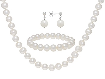 Picture of Pre-Owned White Cultured Freshwater Pearl Rhodium Over Sterling Silver Necklace Bracelet Earrings Se