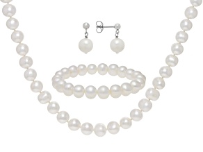 Pre-Owned White Cultured Freshwater Pearl Rhodium Over Sterling Silver Necklace Bracelet Earrings Se