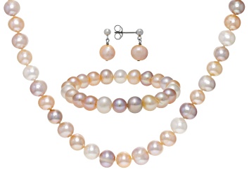 Picture of Pre-Owned Multi-Color Cultured Freshwater Pearl Rhodium Over Sterling Necklace Bracelet Earrings Set