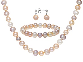 Pre-Owned Multi-Color Cultured Freshwater Pearl Rhodium Over Sterling Necklace Bracelet Earrings Set